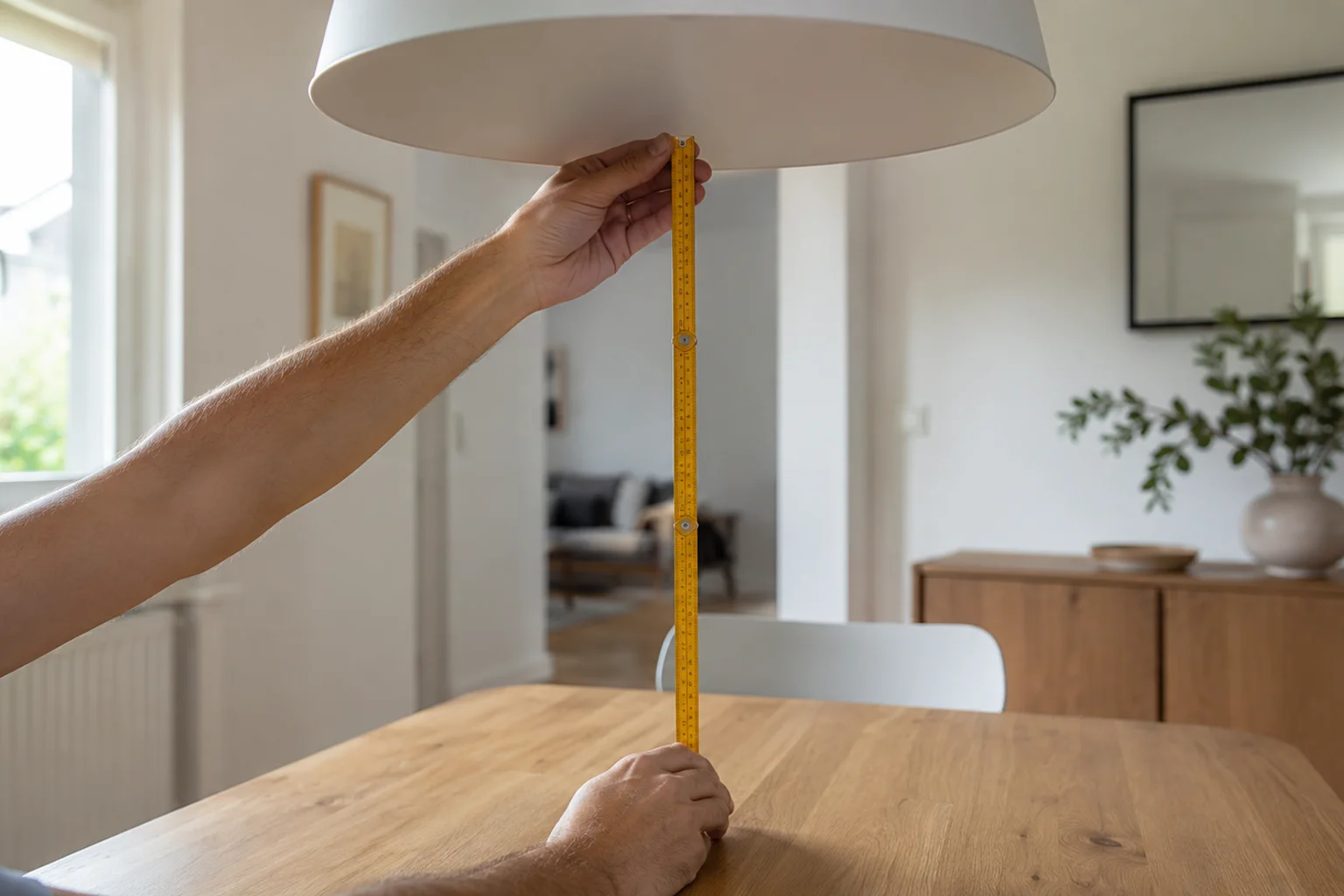 Tommestok måler højden fra bordplade op til pendlens underkant